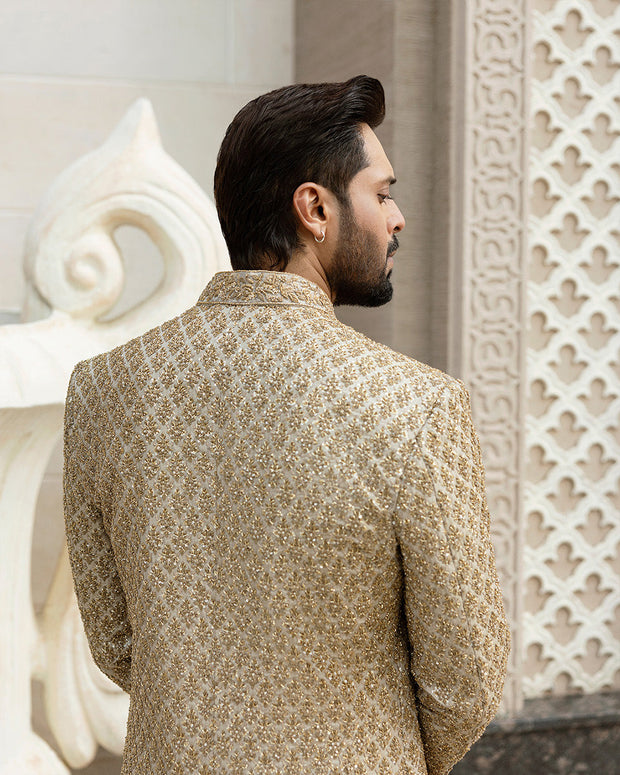 Classic Pakistani Groom Dress in Gold Karandi Sherwani Style