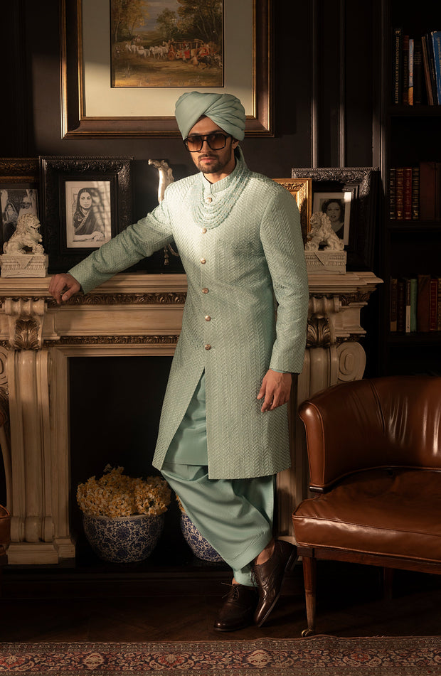 Classic Pakistani Groom Dress in Mint Blue Silk Sherwani Style