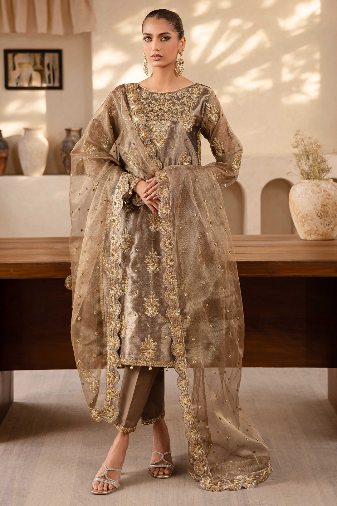 Classic Pakistani Salwar Kameez Mesoury Copper Embroidered Suit Dupatta