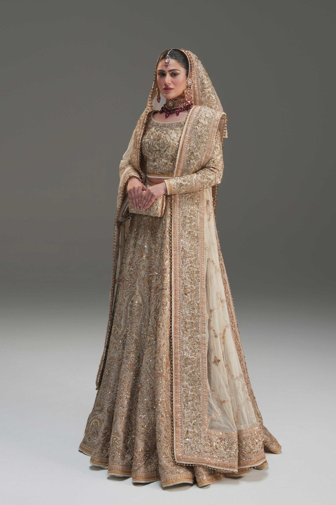 Elegant Pakistani Bridal Lehenga in Ivory Net Style