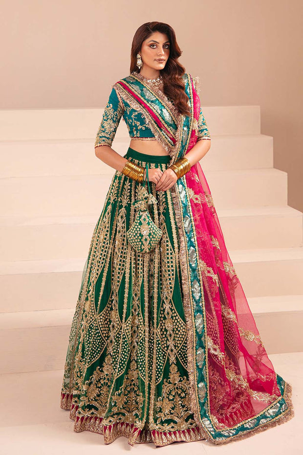Classic Pakistani Wedding Dress with Green Lehenga Choli and Blue Contrast