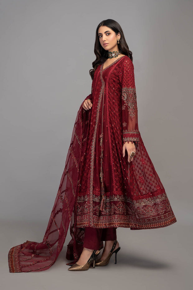 Classic Red Embroidered Chiffon Pakistani Party Wear Angrakha