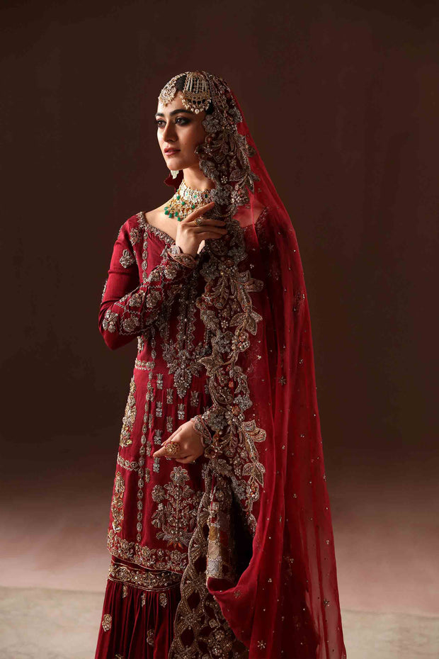 Classic Red Embroidered Pakistani Bridal Dress Gharara Kameez