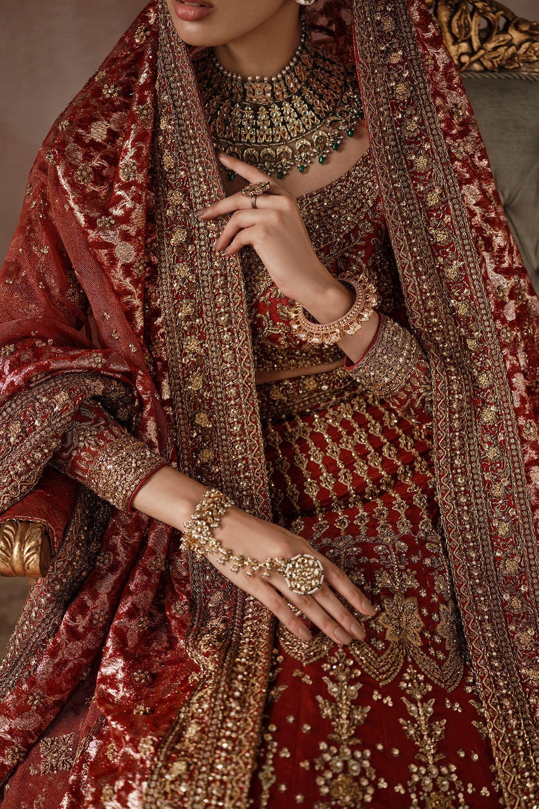 Classic Red Gold Heavily Embellished Pakistani Bridal Lehenga Choli