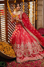 Classic Red Heavily Embroidered Pakistani Wedding Pishwas Lehenga