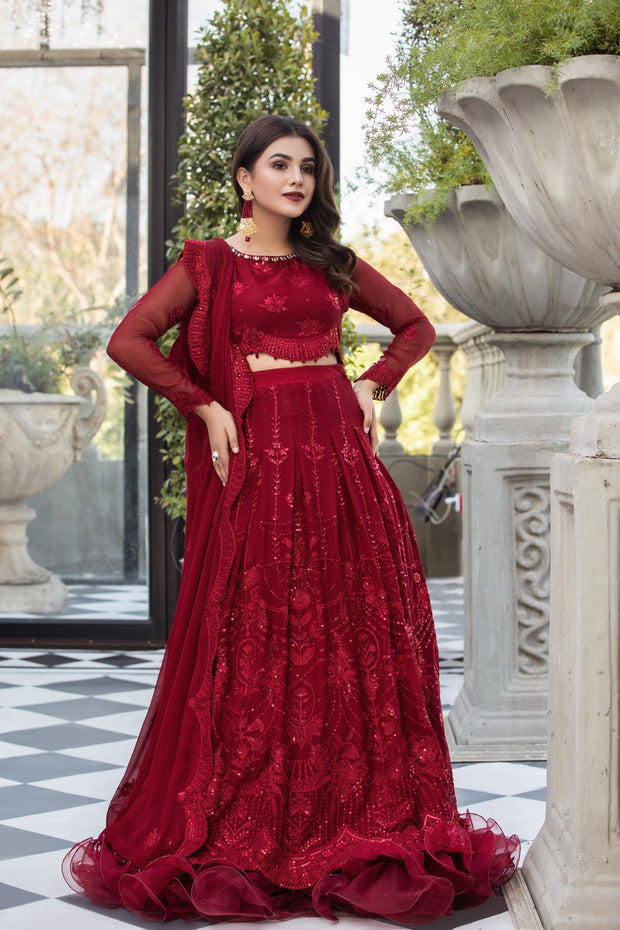 Classic Red Pakistani Embroidered Frock Lehenga Wedding Dress