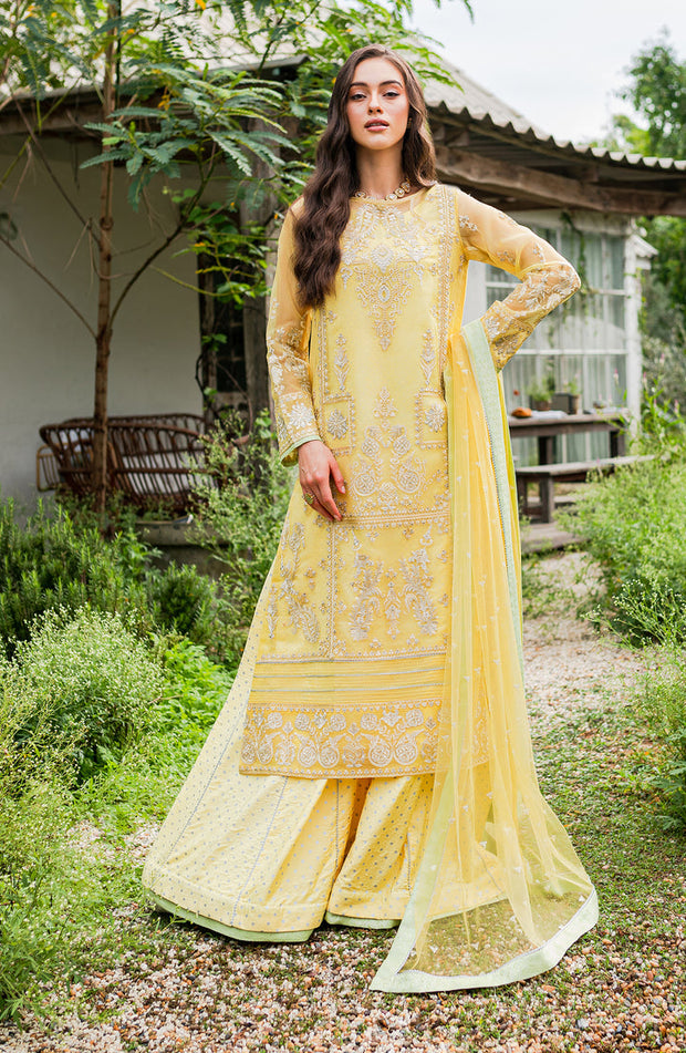 Classic Yellow Embroidered Pakistani Salwar Kameez in Plazo Style