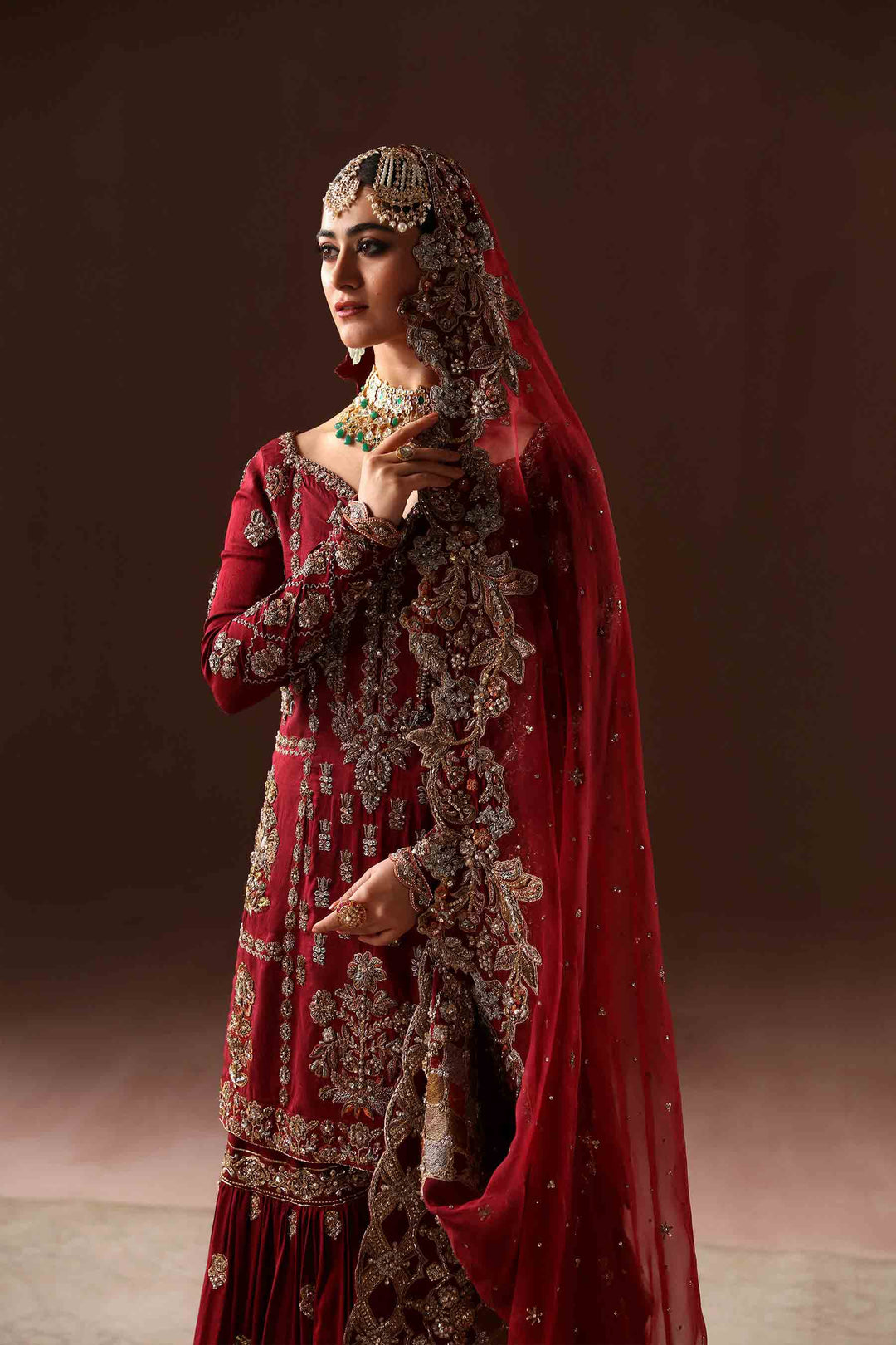 Elegant Deep Red Pakistani Bridal Dress & Gharara Kameez
