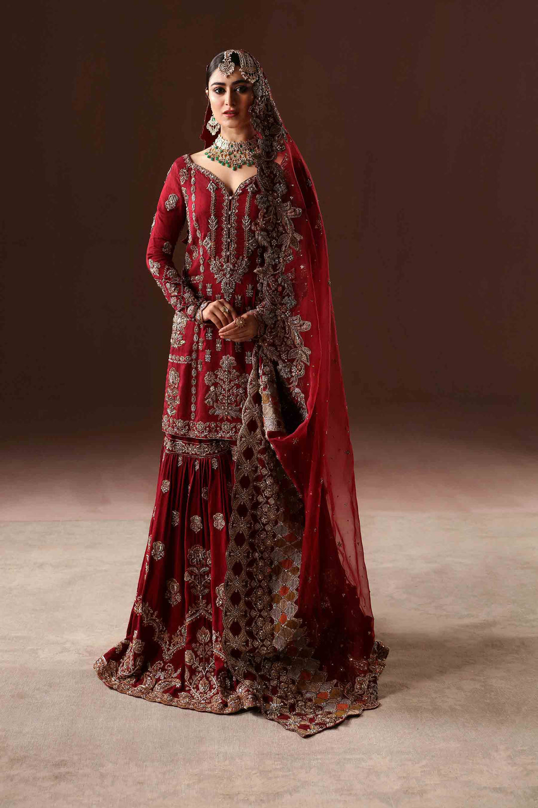 Elegant Deep Red Pakistani Bridal Dress & Gharara Kameez