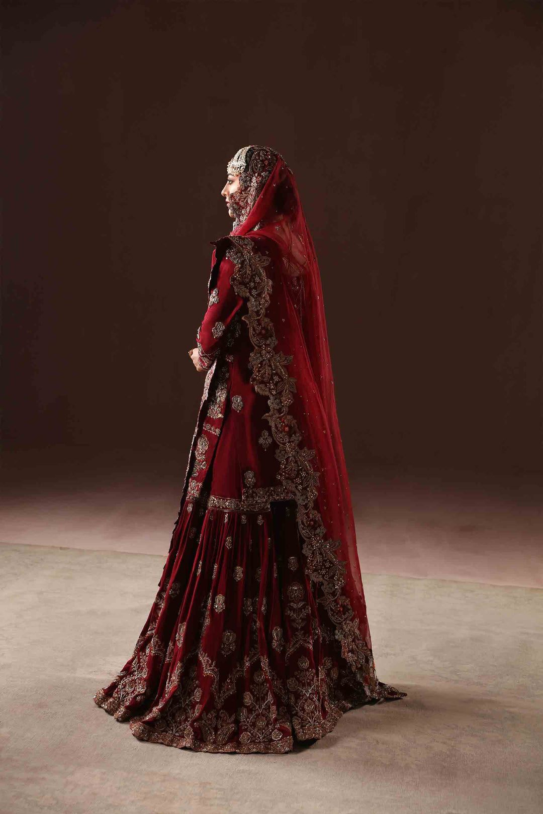 Elegant Deep Red Pakistani Bridal Dress & Gharara Kameez