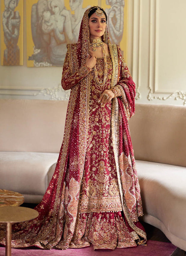 Classic Embroidered Scarlet Pakistani Bridal Dress in Farshi Lehenga Style
