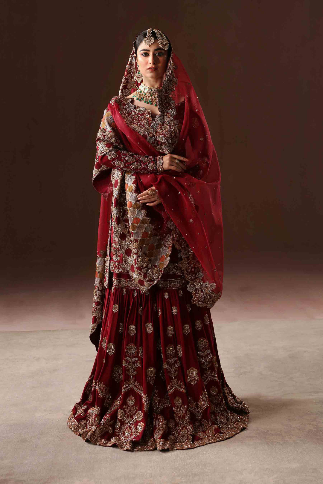 Elegant Deep Red Pakistani Bridal Dress & Gharara Kameez