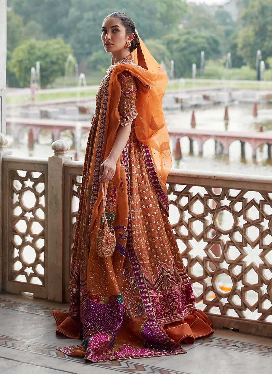 Classic Rust Pakistani Wedding Dress in Kalidar Lehenga Style For Wear