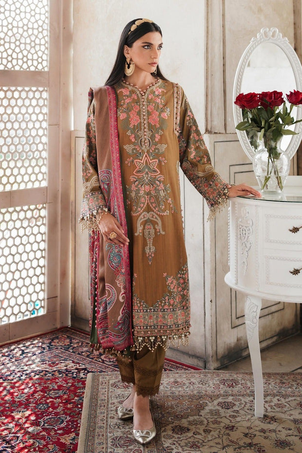 Classical Embroidered Ocher Pakistani Kameez Salwar Suit with Dupatta