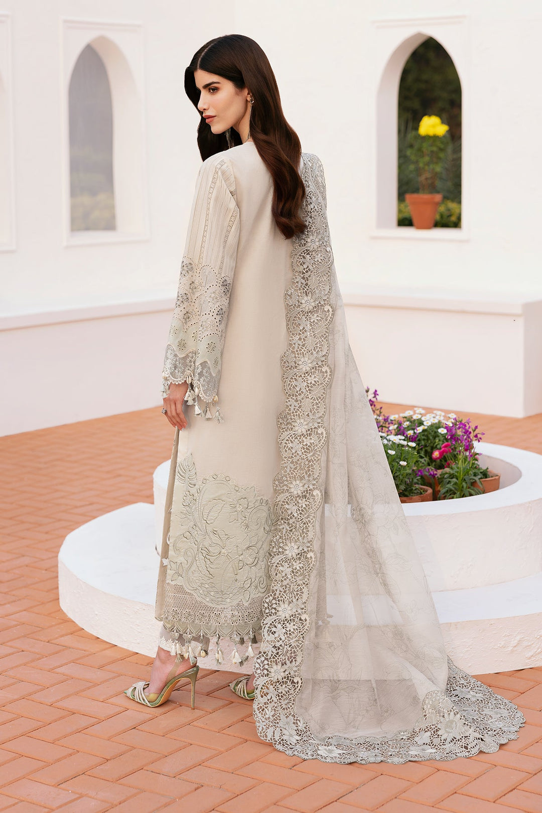 Creamy Embroidered Pakistani Kameez Dupatta in Schiffli Design