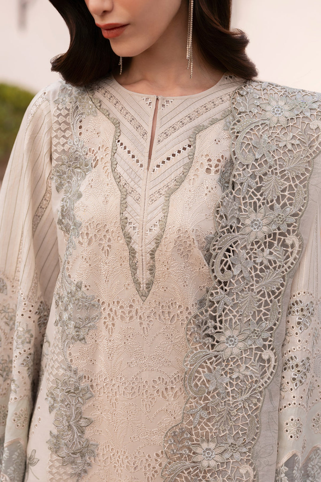 Creamy Embroidered Pakistani Salwar Kameez Dupatta Schiffli Design