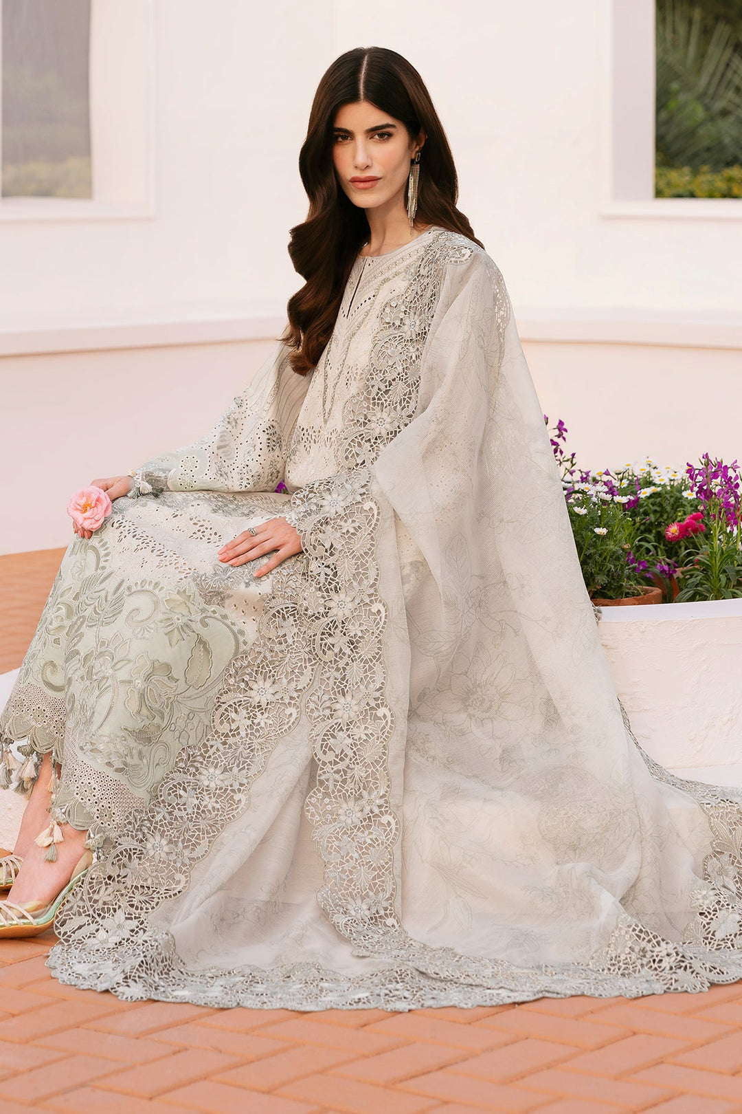 Creamy Embroidered Pakistani Salwar Kameez Schiffli Design