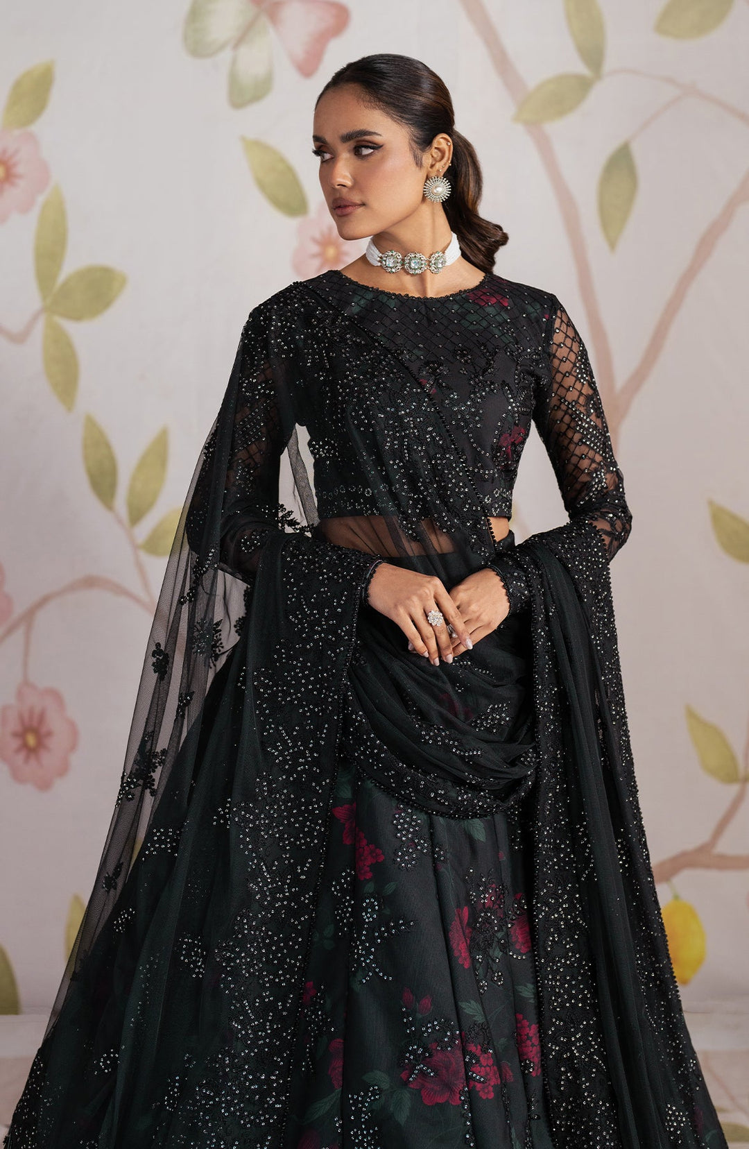 Elegant Black Sequins Embroidered Net & Silk Dress