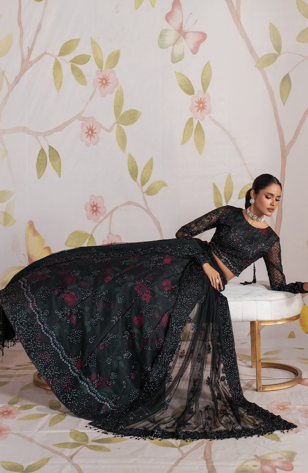Elegant Black Sequins Embroidered Net & Silk Dress