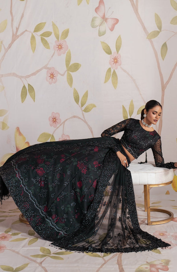 Elegant Black Sequins Embroidered Net & Silk Dress