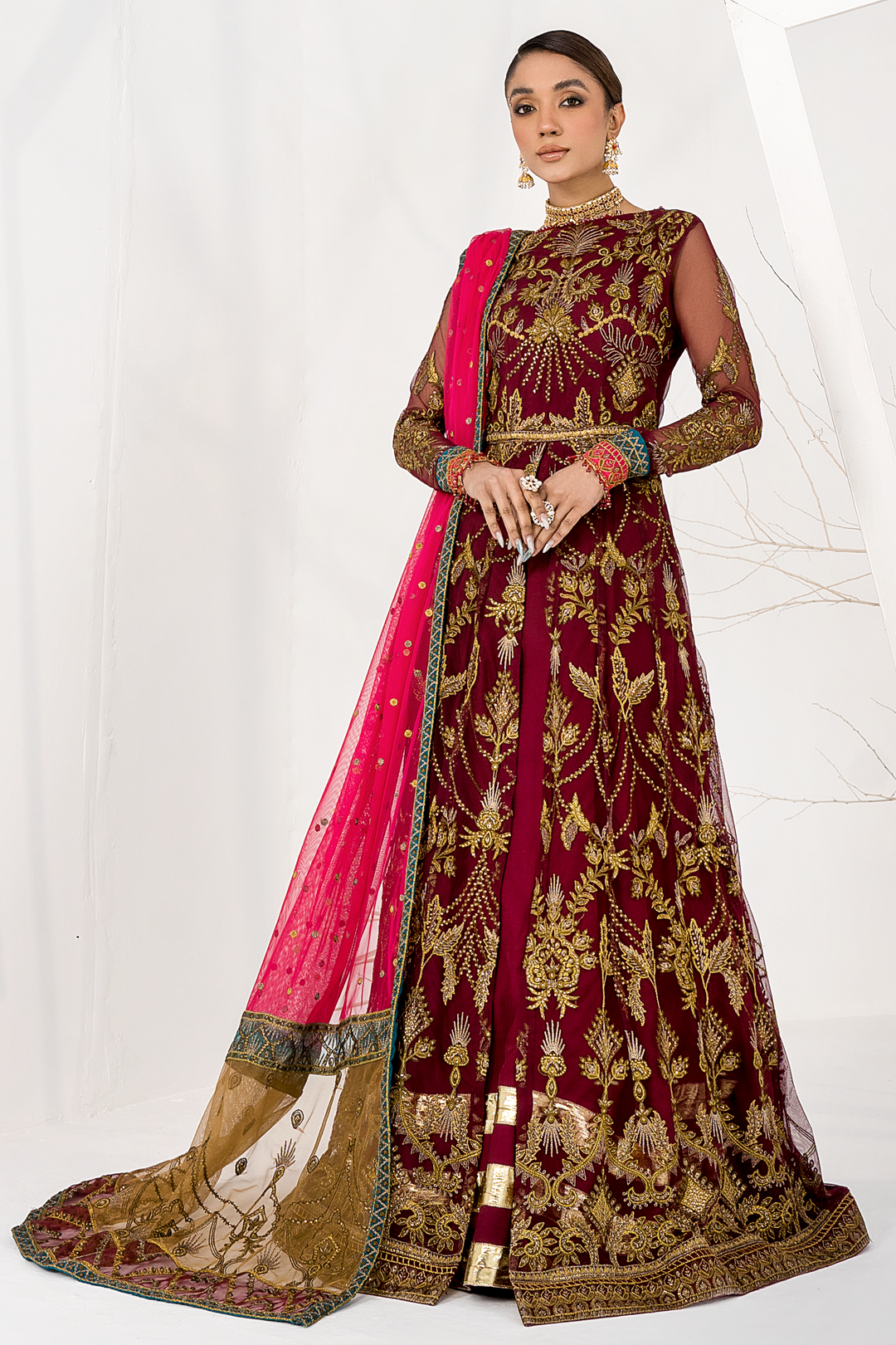 Burnt Rose Sequins Embroidered Net Ensemble