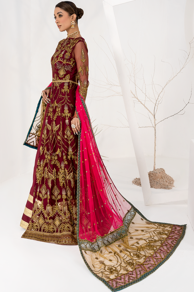 Burnt Rose Sequins Embroidered Net Ensemble