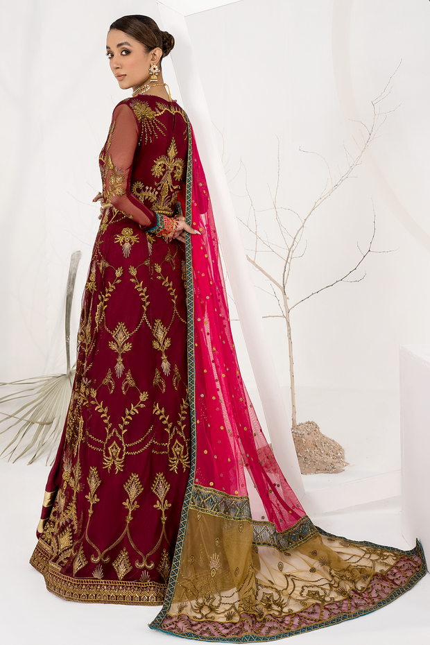 Burnt Rose Sequins Embroidered Net Ensemble