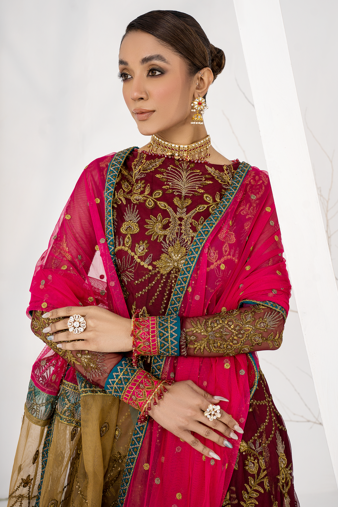 Burnt Rose Sequins Embroidered Net Ensemble