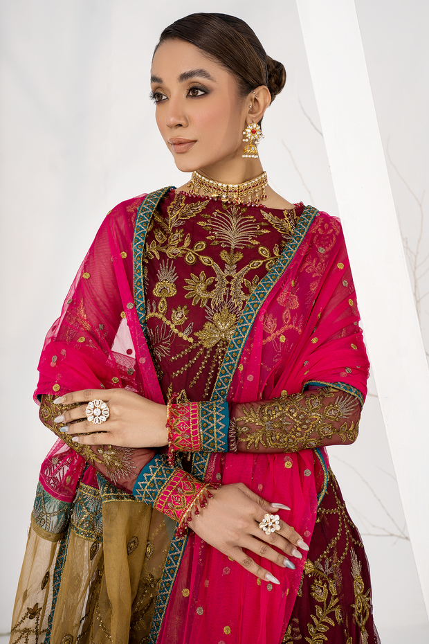 Burnt Rose Sequins Embroidered Net Ensemble