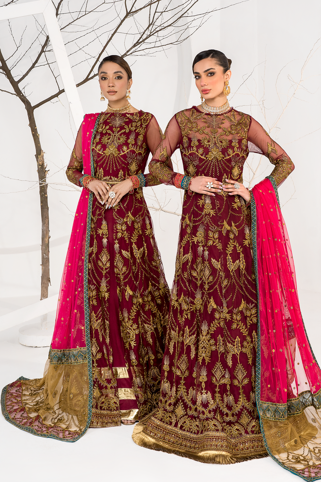 Burnt Rose Sequins Embroidered Net Ensemble