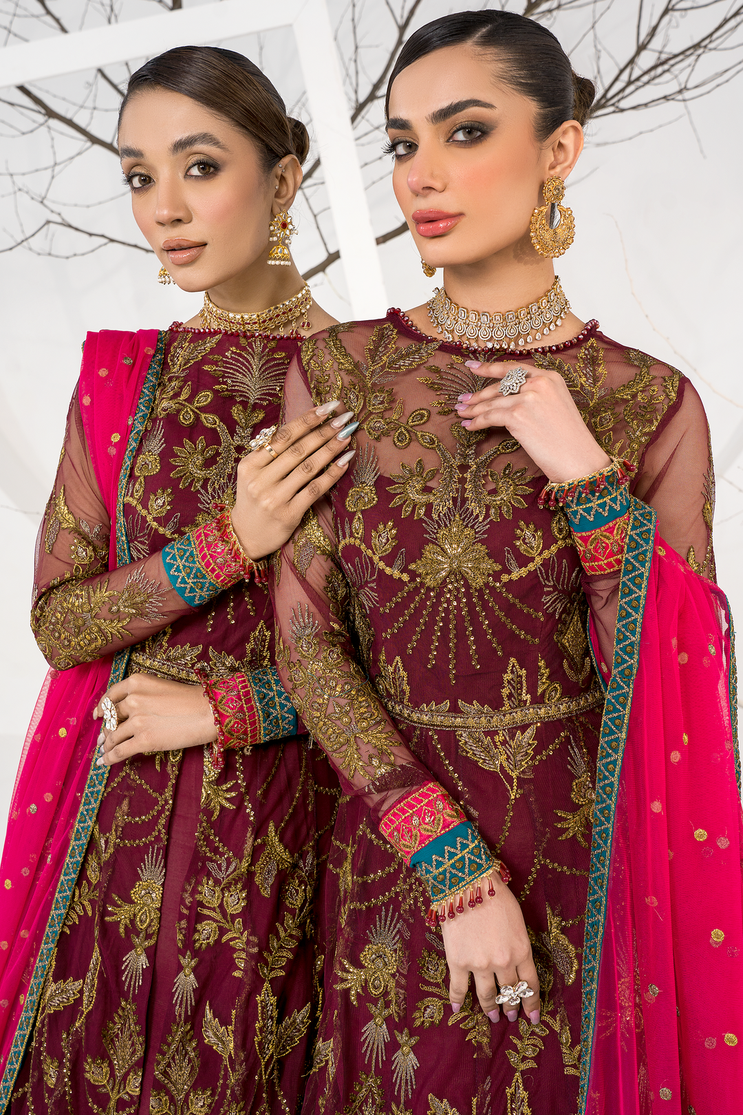Burnt Rose Sequins Embroidered Net Ensemble
