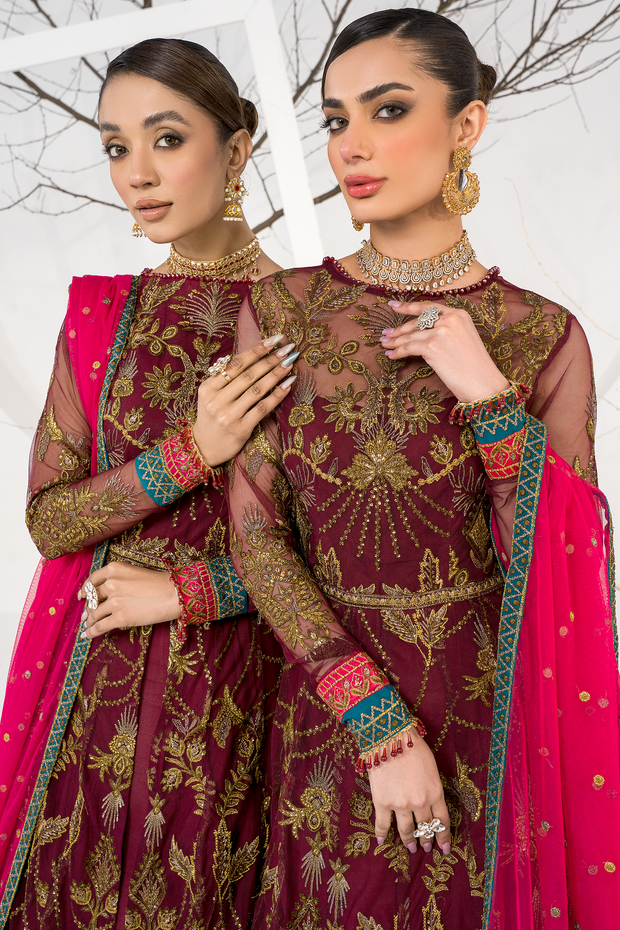 Burnt Rose Sequins Embroidered Net Ensemble