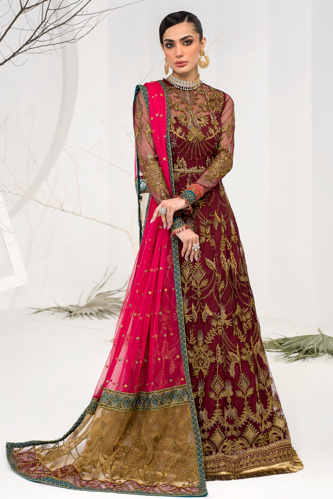 Burnt Rose Sequins Embroidered Net Ensemble