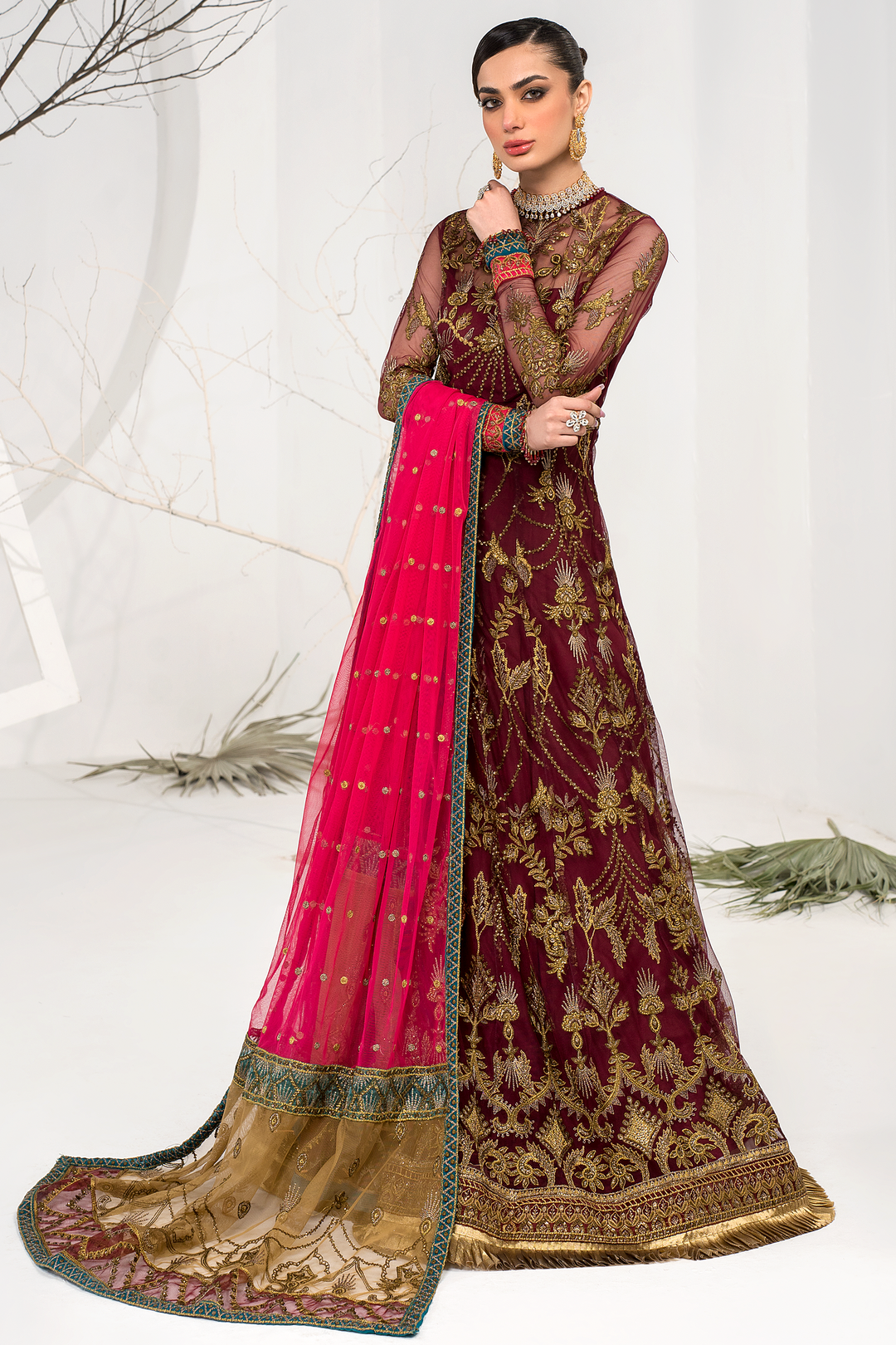 Burnt Rose Sequins Embroidered Net Ensemble