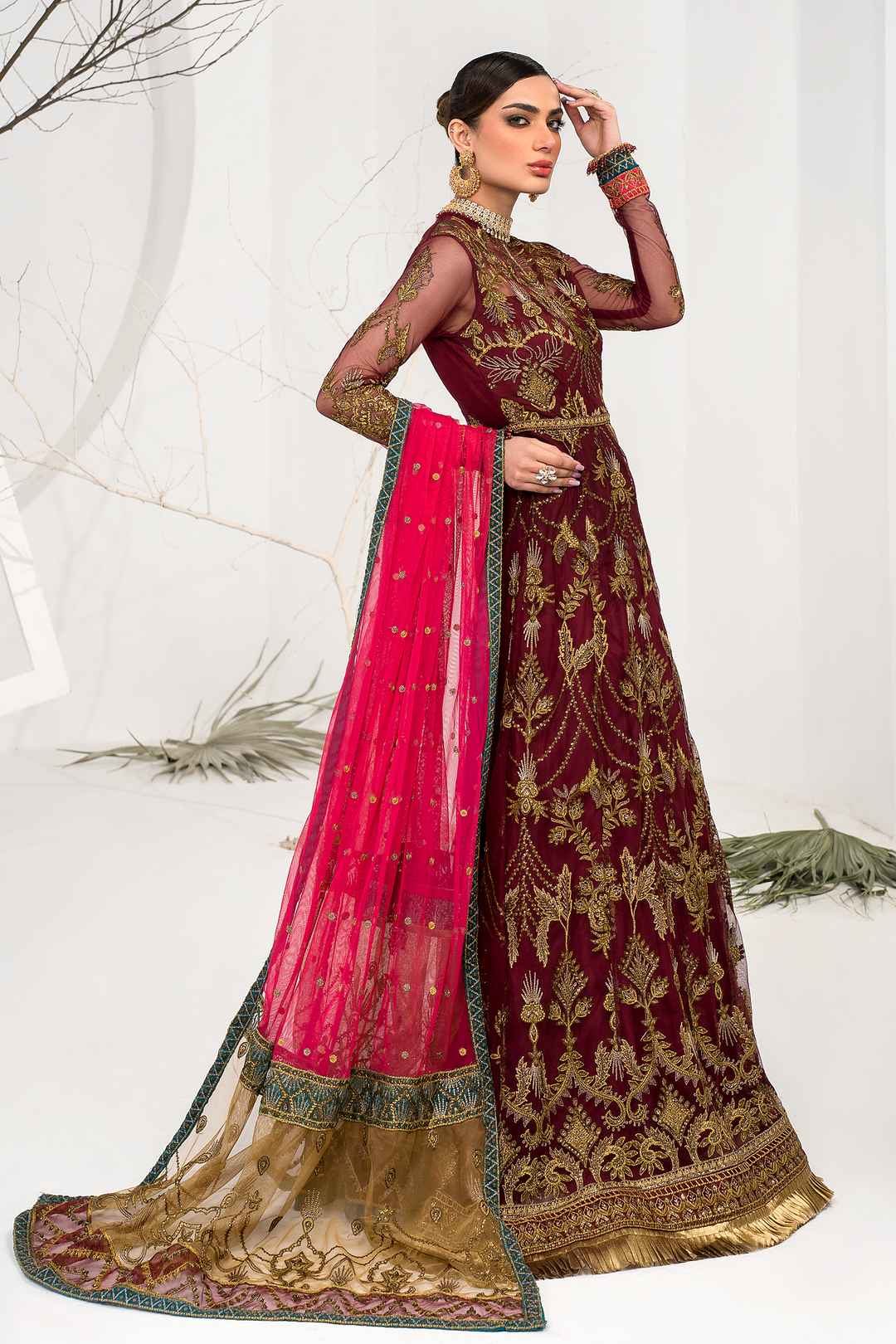 Burnt Rose Sequins Embroidered Net Ensemble
