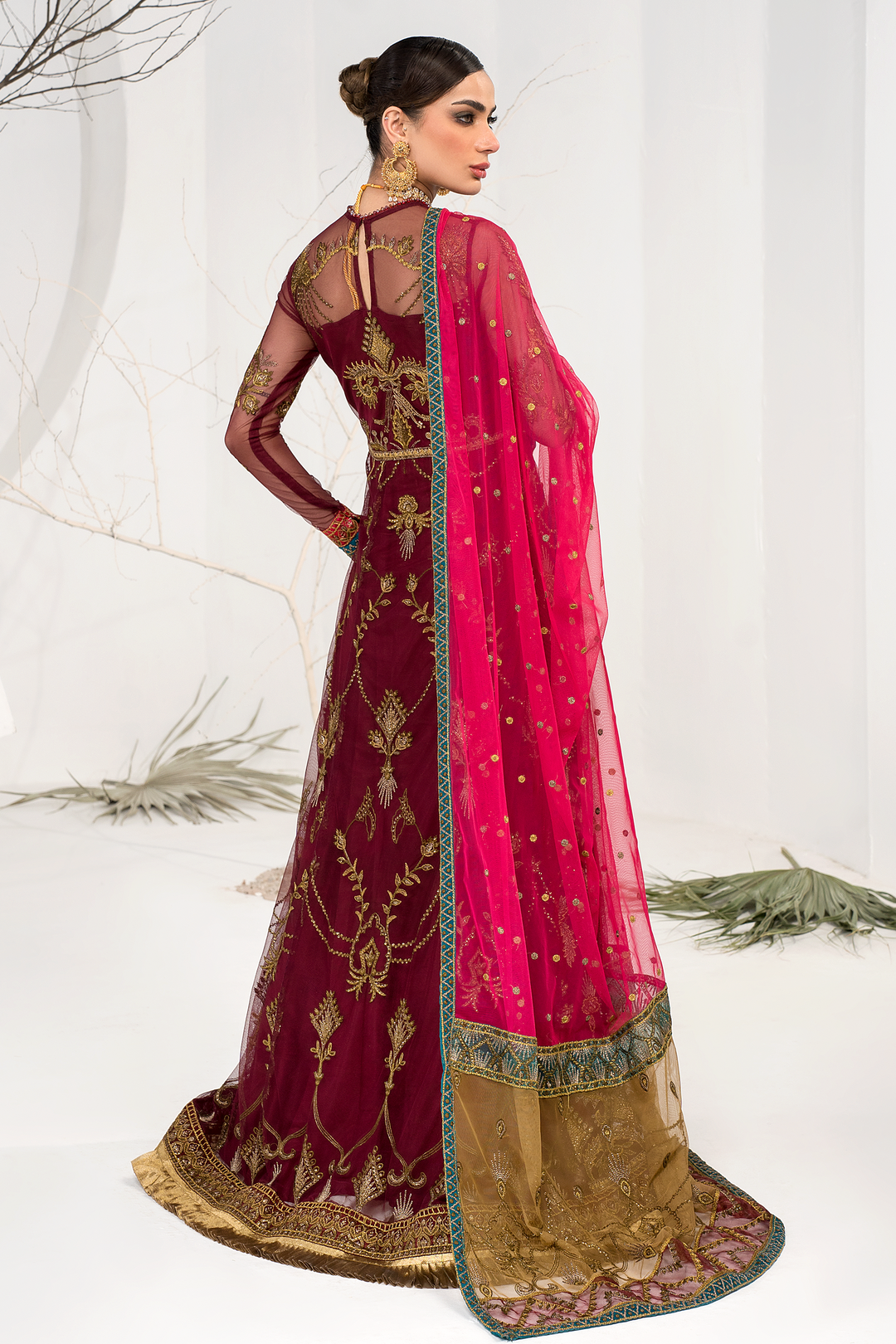 Burnt Rose Sequins Embroidered Net Ensemble