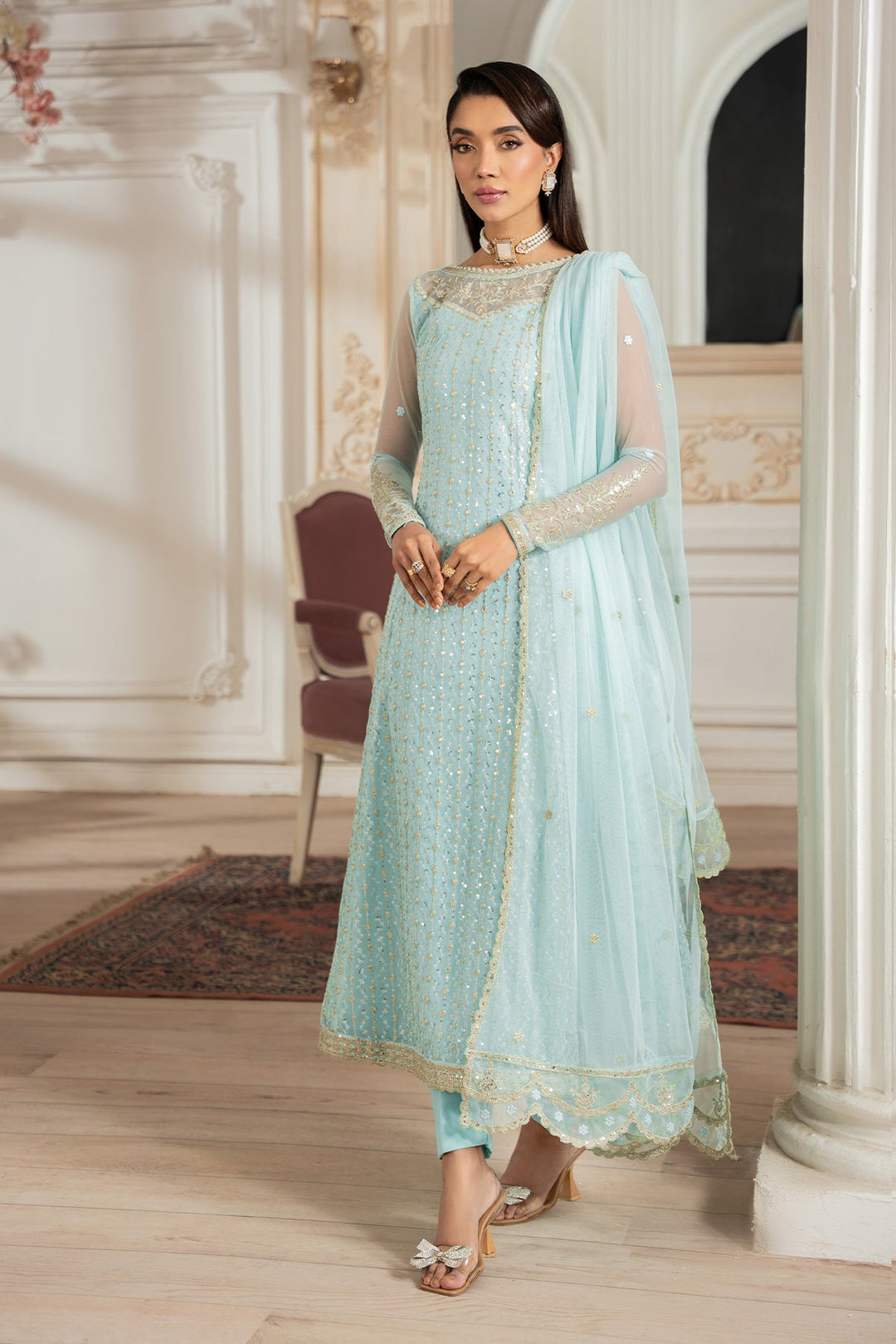Elegant Kerem Embroidered Net Shirt with Raw Silk Trouser