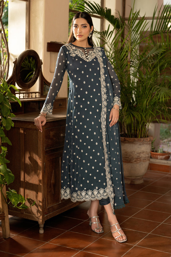 Elegant Embroidered Chiffon Frock with Raw Silk Trouser