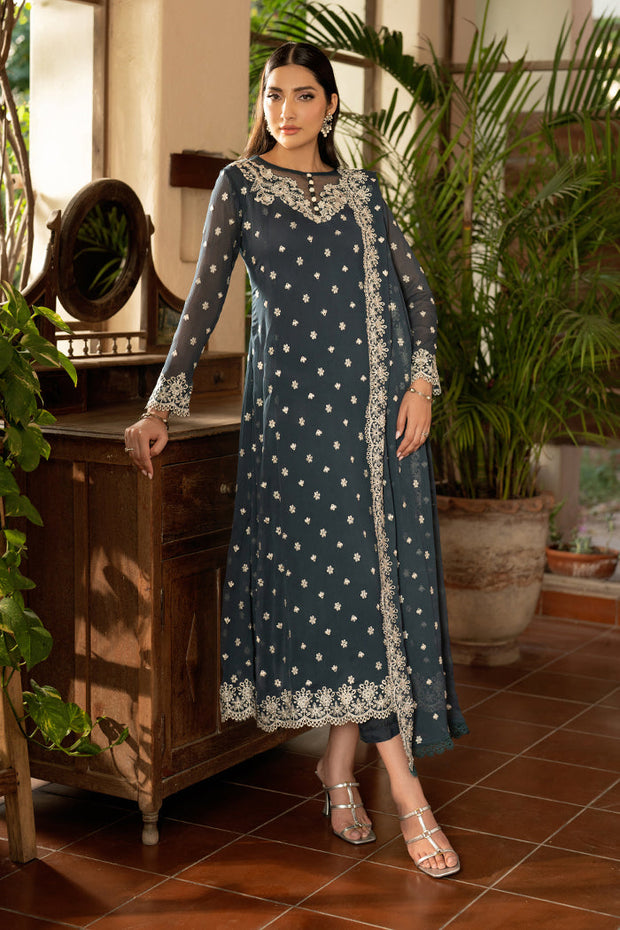 Elegant Embroidered Chiffon Frock with Raw Silk Trouser