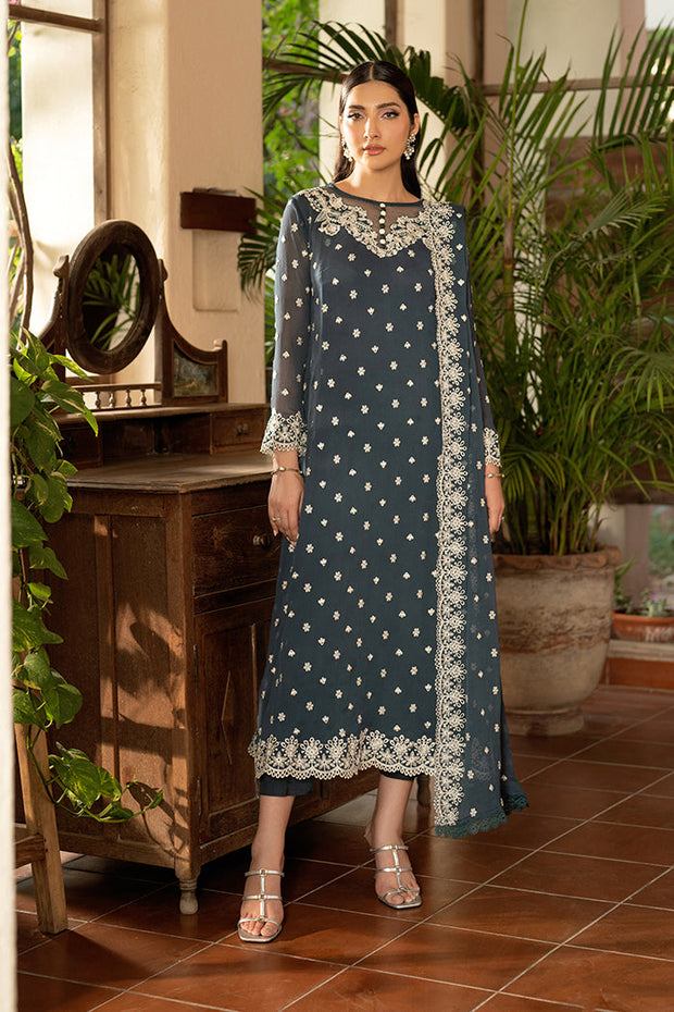 Elegant Embroidered Chiffon Frock with Raw Silk Trouser
