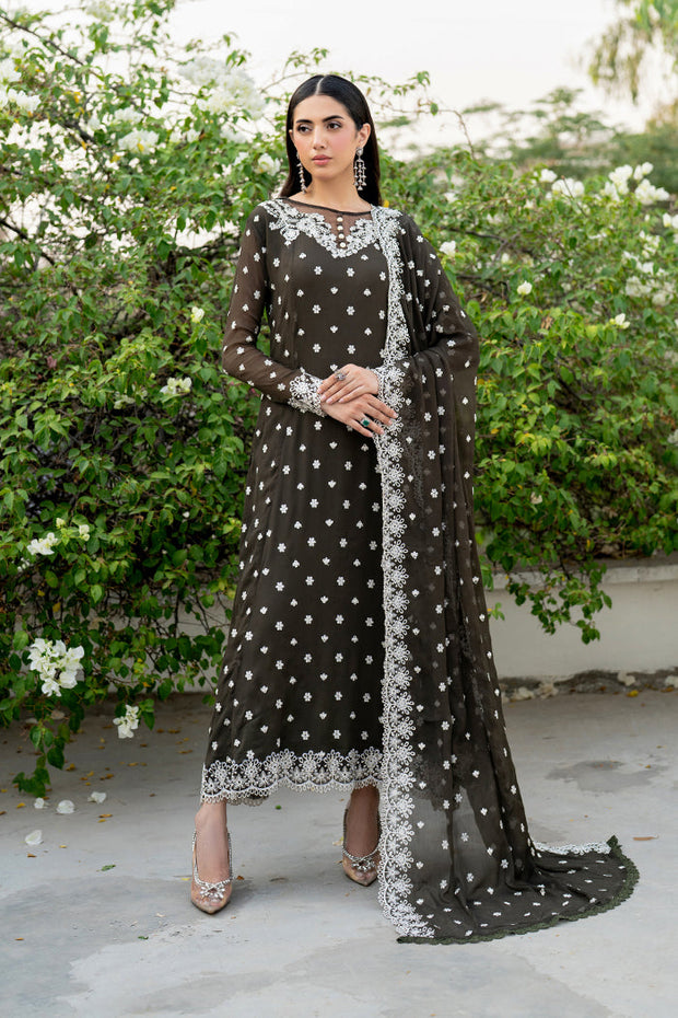 Elegant Black Embroidered Chiffon Frock with Dupatta