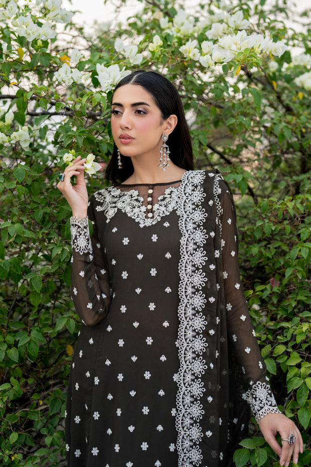 Elegant Black Embroidered Chiffon Frock with Dupatta