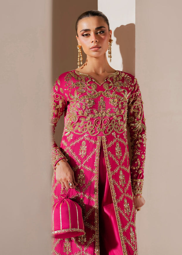 Deep Pink Pakistani Wedding Dress with Embellished Slit