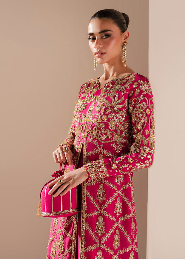 Deep Pink Pakistani Wedding Dress with Embellished Slit