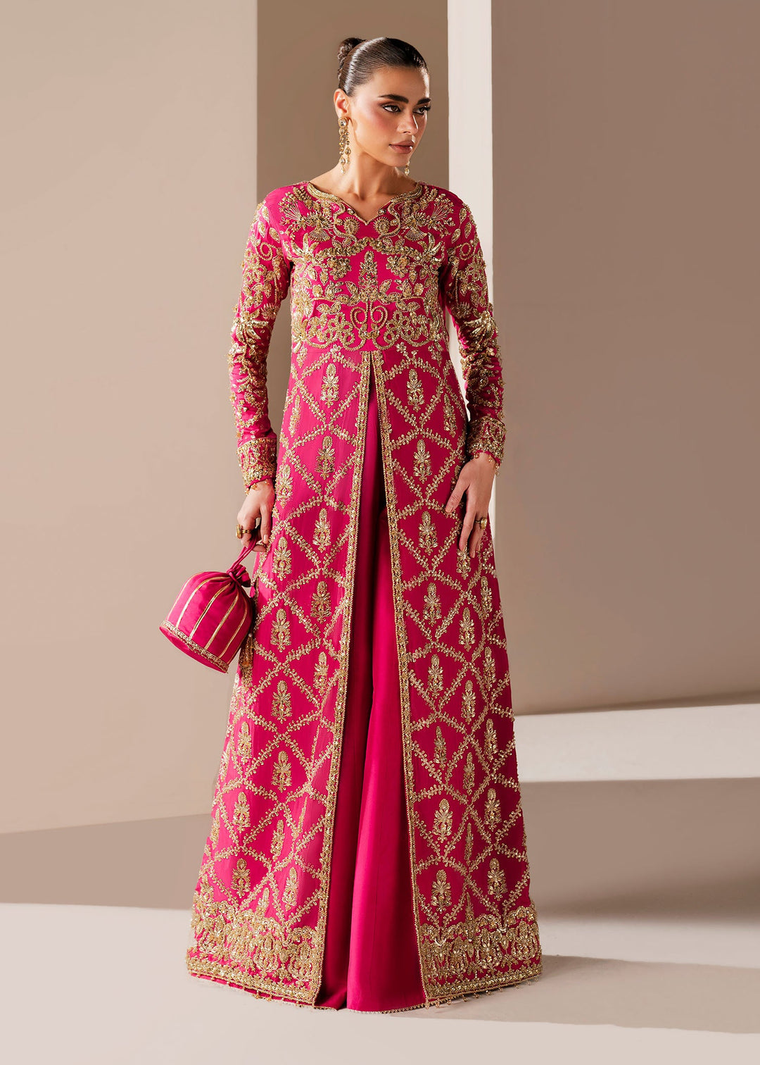 Deep Pink Pakistani Wedding Dress with Embellished Slit