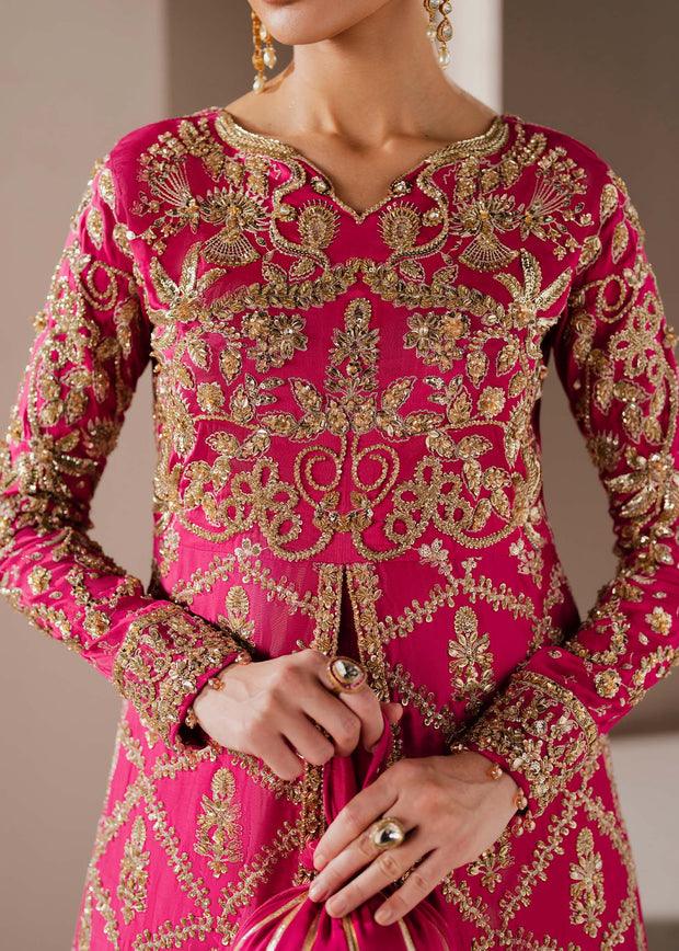 Deep Pink Pakistani Wedding Dress with Embellished Slit