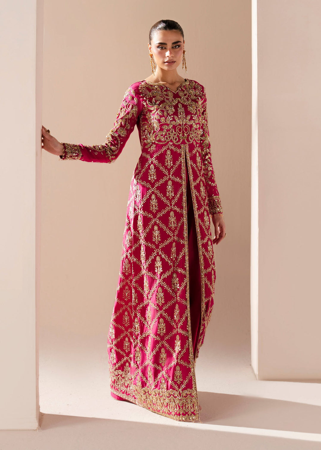 Deep Pink Pakistani Wedding Dress with Embellished Slit