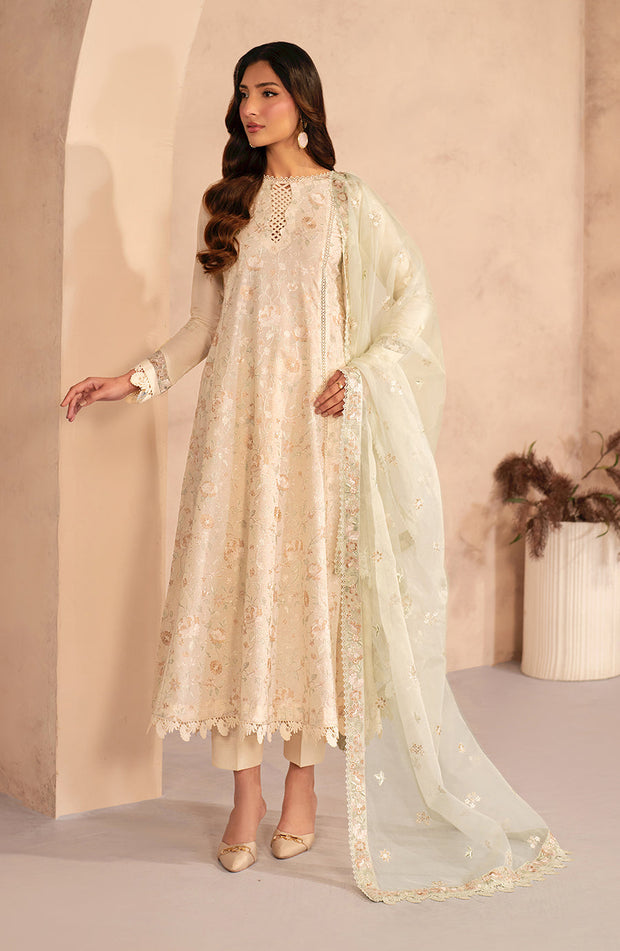 Embroidered Lawn Frock with Organza Sleeves and Dupatta