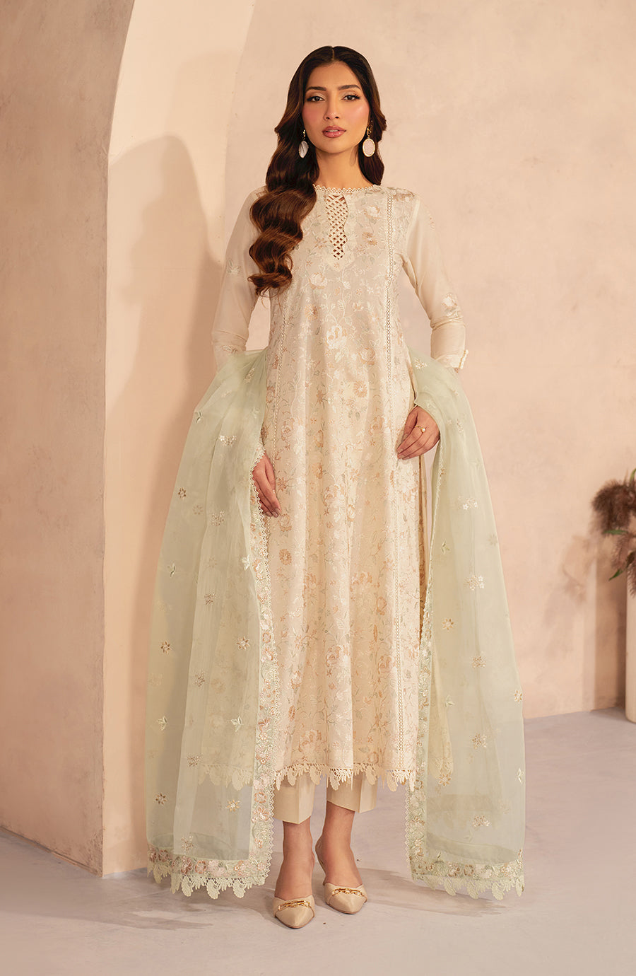 Embroidered Lawn Frock with Organza Sleeves and Dupatta
