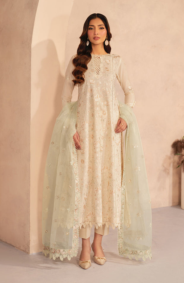 Embroidered Lawn Frock with Organza Sleeves and Dupatta